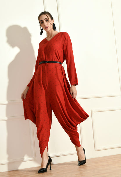 RED SIDE COWL JUMPSUIT