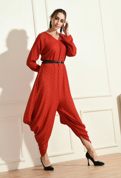 RED SIDE COWL JUMPSUIT