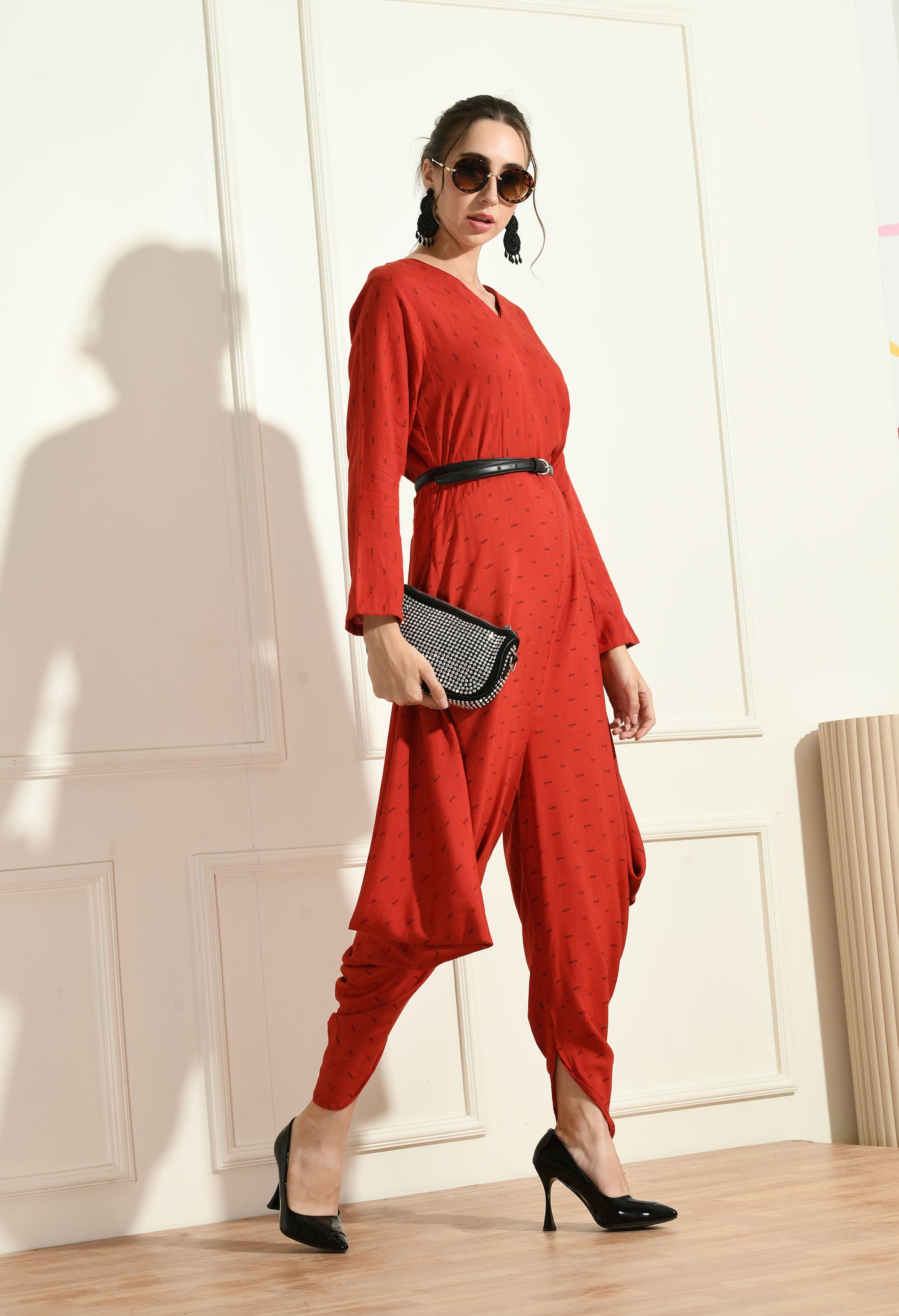 RED SIDE COWL JUMPSUIT