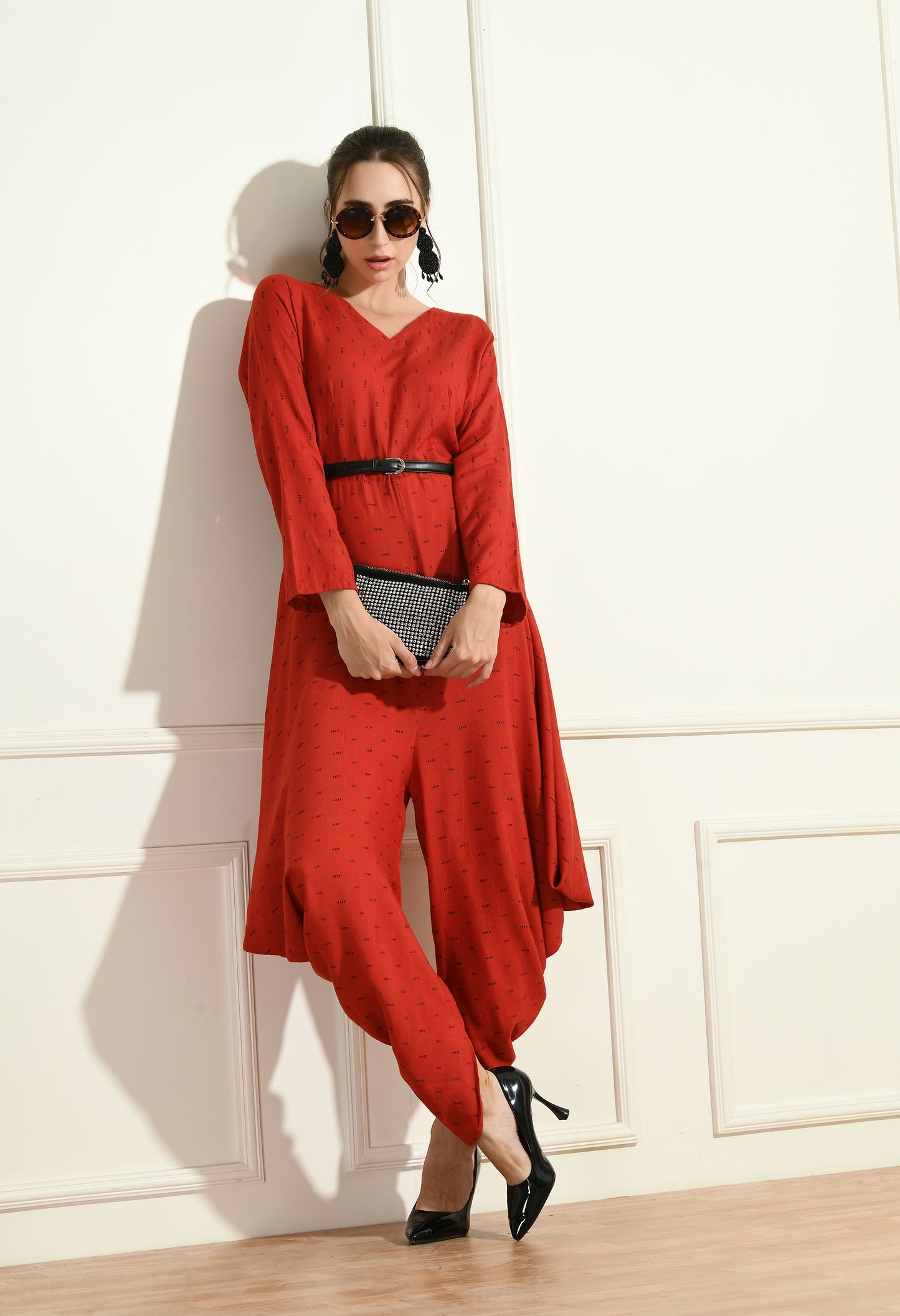 RED SIDE COWL JUMPSUIT