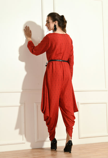 RED SIDE COWL JUMPSUIT