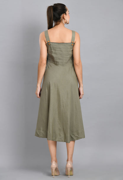 GREY LINEN WOOD BUTTON DRESS