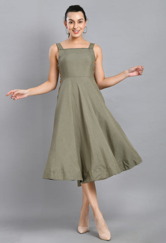 GREY LINEN WOOD BUTTON DRESS