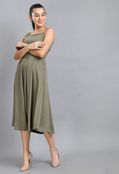 GREY LINEN WOOD BUTTON DRESS