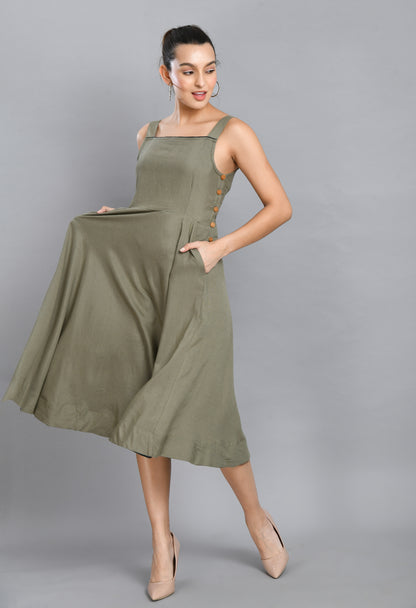 GREY LINEN WOOD BUTTON DRESS