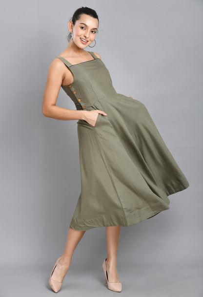 GREY LINEN WOOD BUTTON DRESS