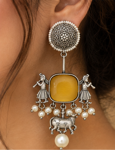 Mustard Stone Oxidised Silver Tribal Earrings with Pearl Drops