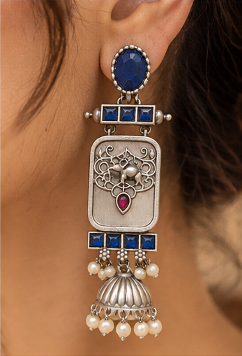 Royal Blue Stone Oxidised Silver Jhumka Earrings with Pearl Drops