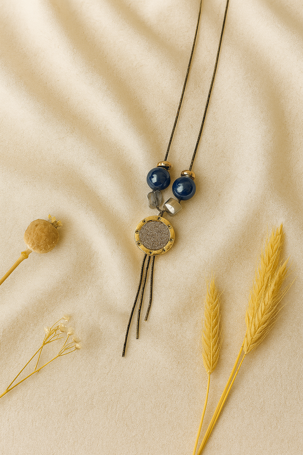 Blue Bead & Crystal Charm Pendant Necklace