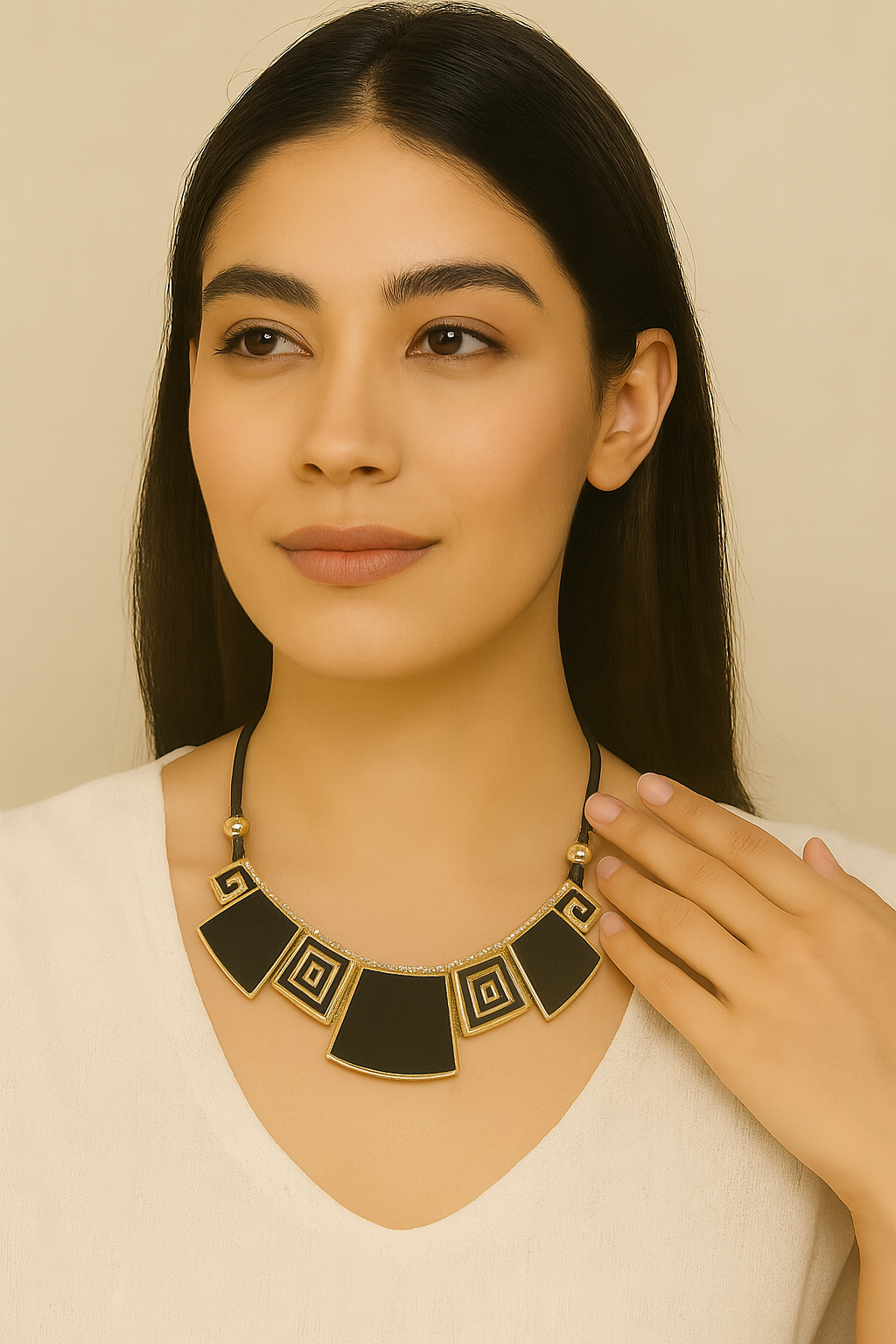 Boho Chic Black Thread and Square Motif Necklace