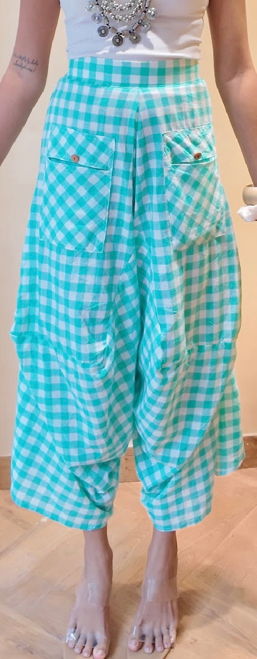 AQUA GINGHAM COTTON COWL PALLAZO