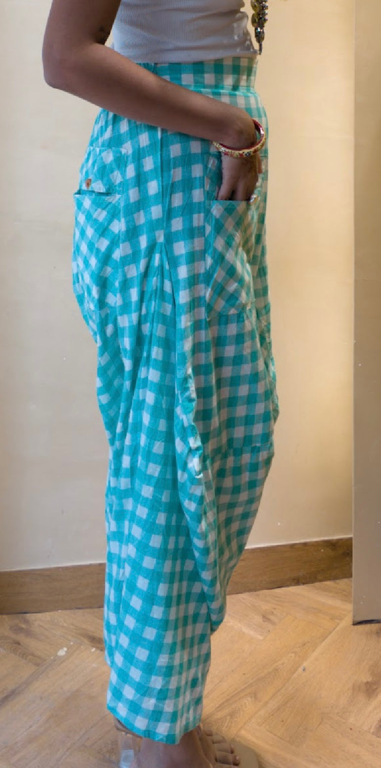 AQUA GINGHAM COTTON COWL PALLAZO