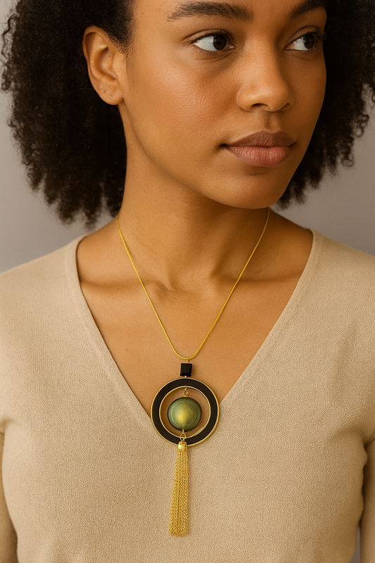 Antique Gold Tassel Pendant Necklace with Enamel Accent