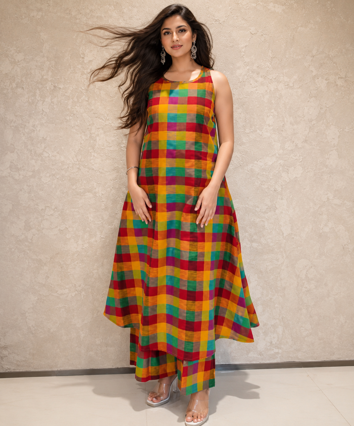 MADRAS CHECKERED HALTER NECK KURTA SET