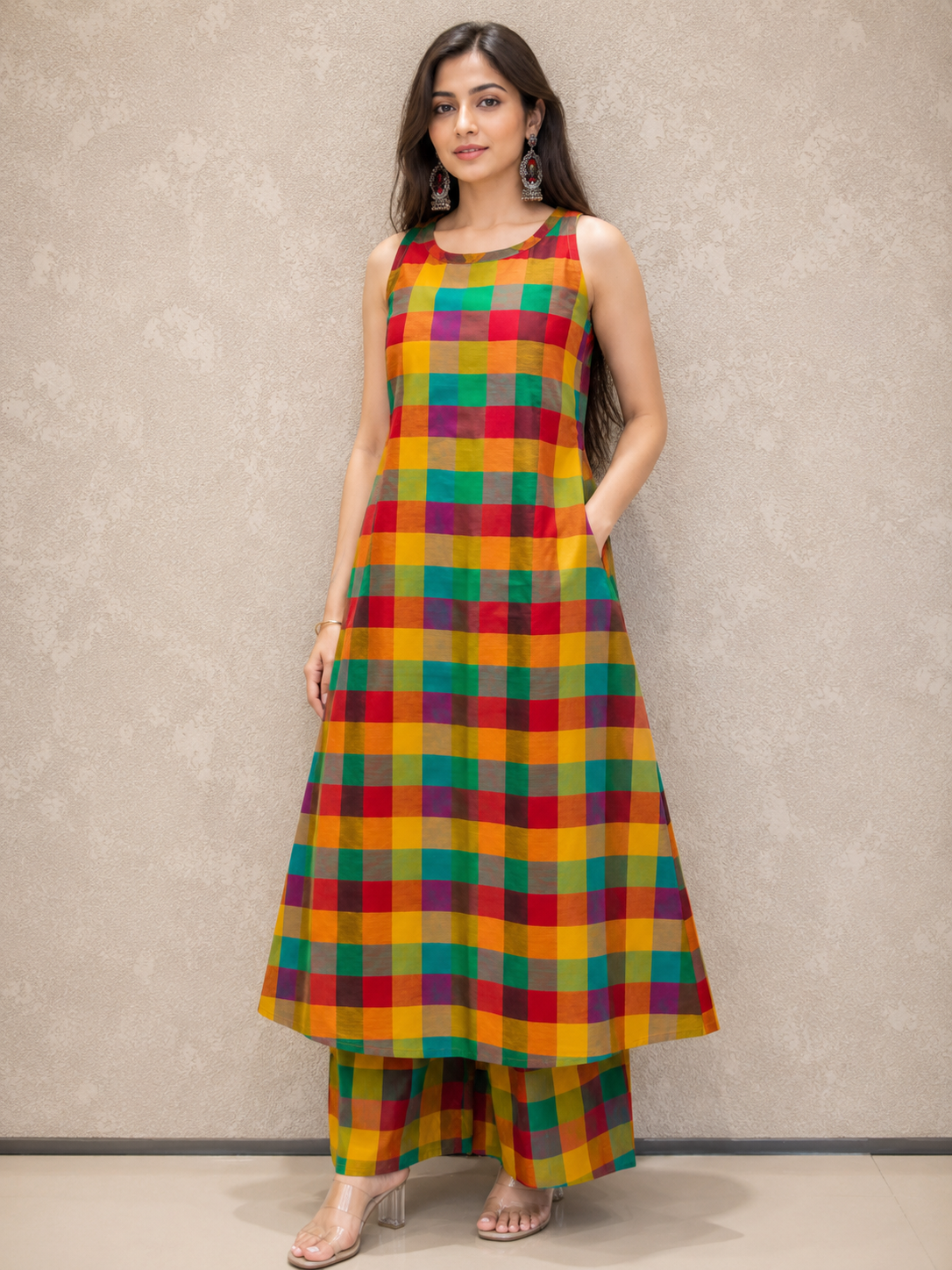 MADRAS CHECKERED HALTER NECK KURTA SET