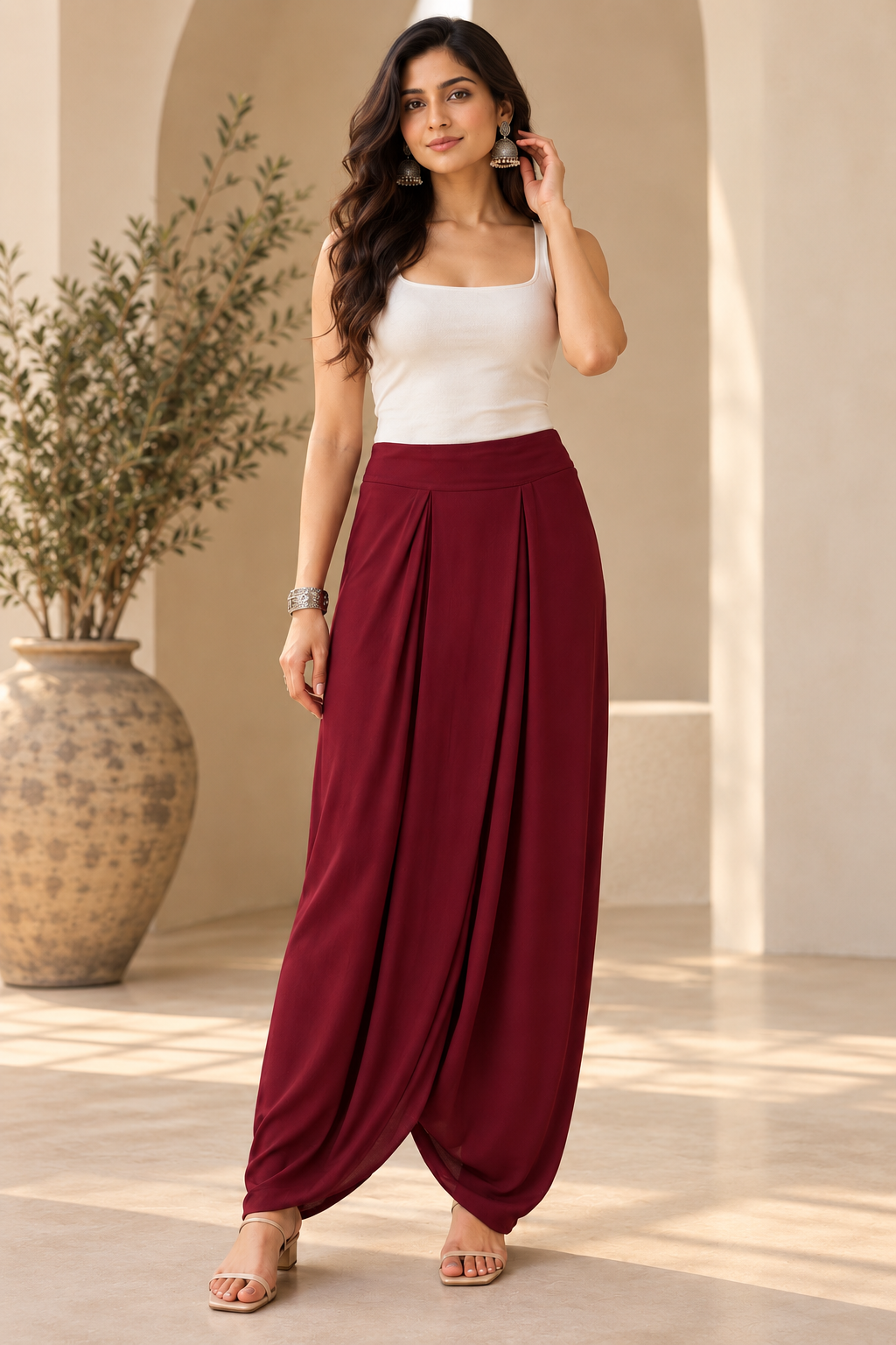 IVORY EMBROIDERED KAFTAN TOP WITH MAROON DRAPED SKIRT