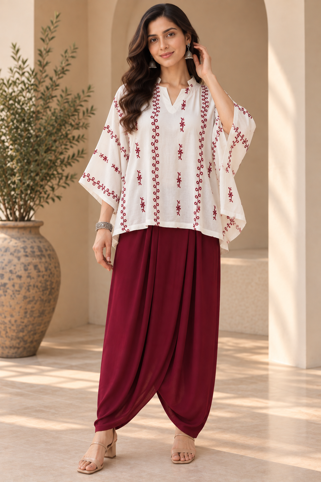 IVORY EMBROIDERED KAFTAN TOP WITH MAROON DRAPED SKIRT