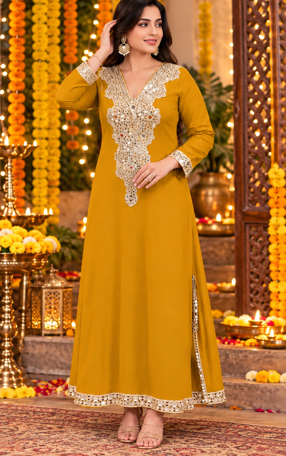 Mustard Embellished Long Kaftan Dress