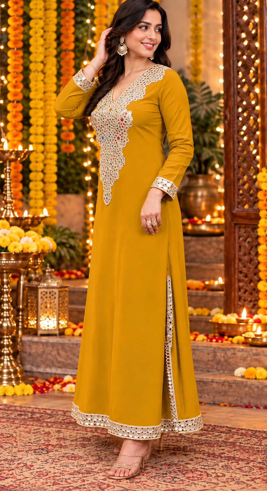 Mustard Embellished Long Kaftan Dress