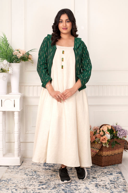 KHADI MAXI DRESS WITH IKAT JACKET AND HANDPAINTED BUTTONS