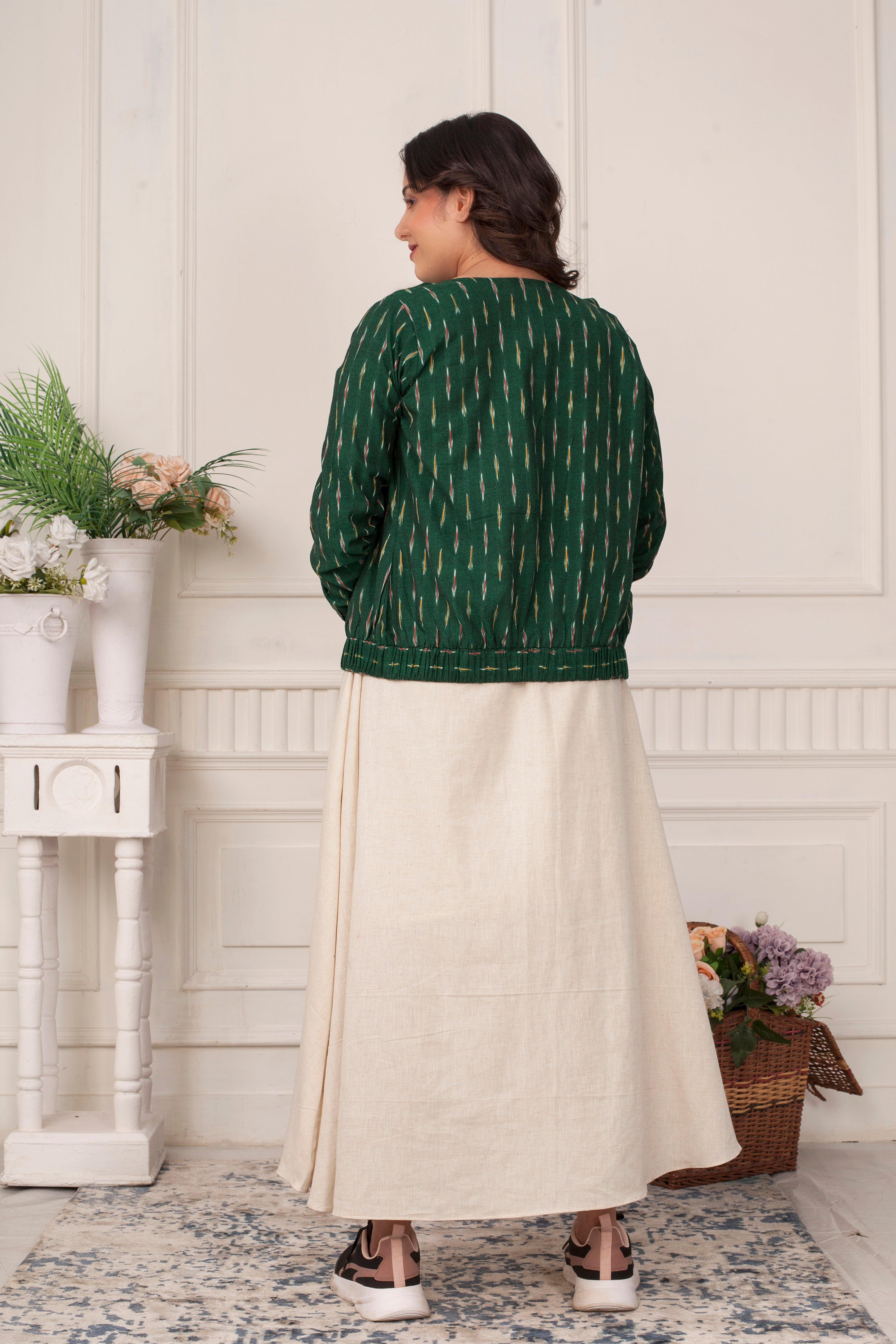 GREEN IKAT BOMBER JACKET WITH KHADI INNER