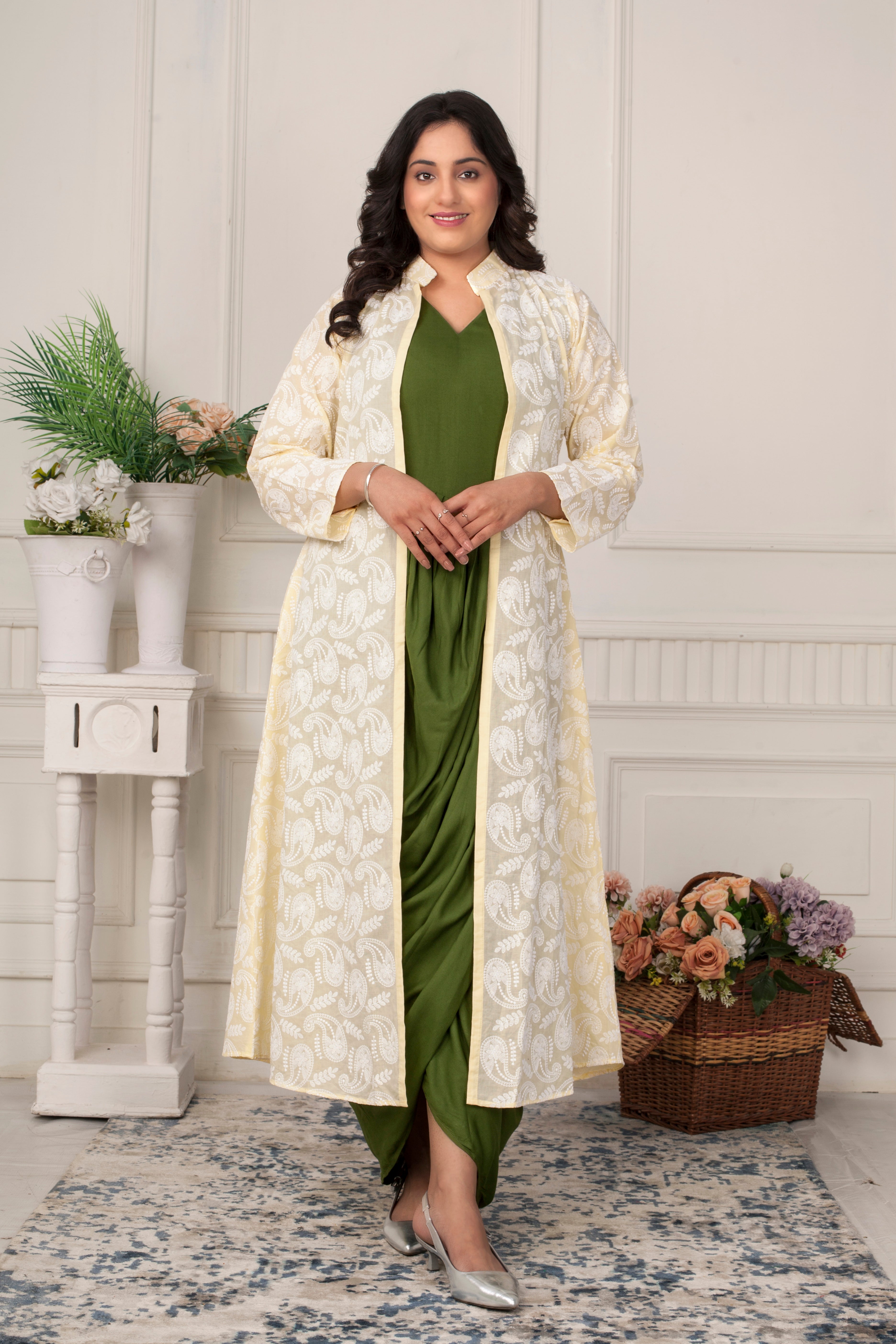 OLIVE GRACE DRAPED DRESS WITH CHICKENKARI JACKET