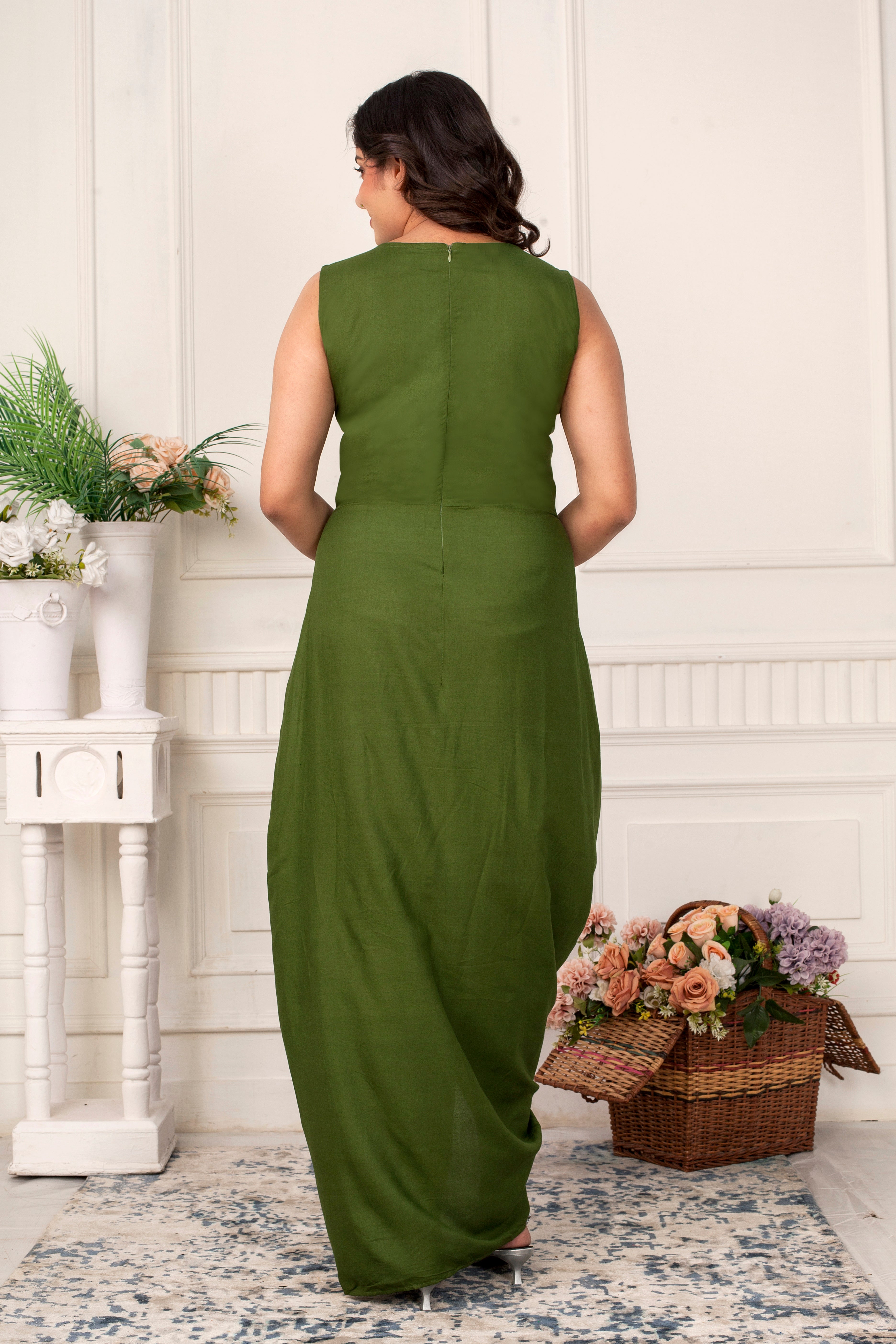 OLIVE GRACE DRAPED DRESS WITH CHICKENKARI JACKET