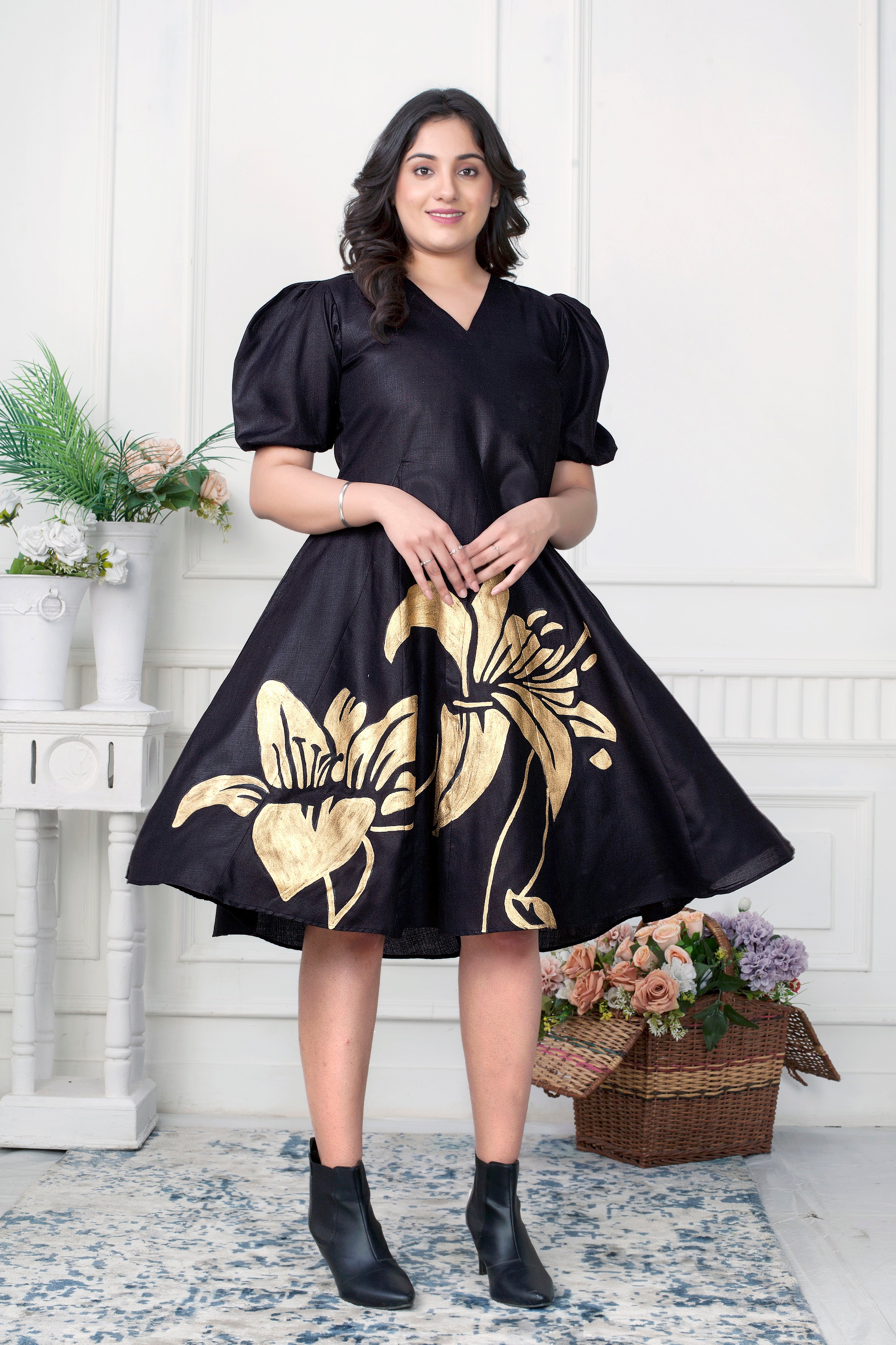 THE NOIR BLOOM DRESS-HANDPAINTED ELEGANCE