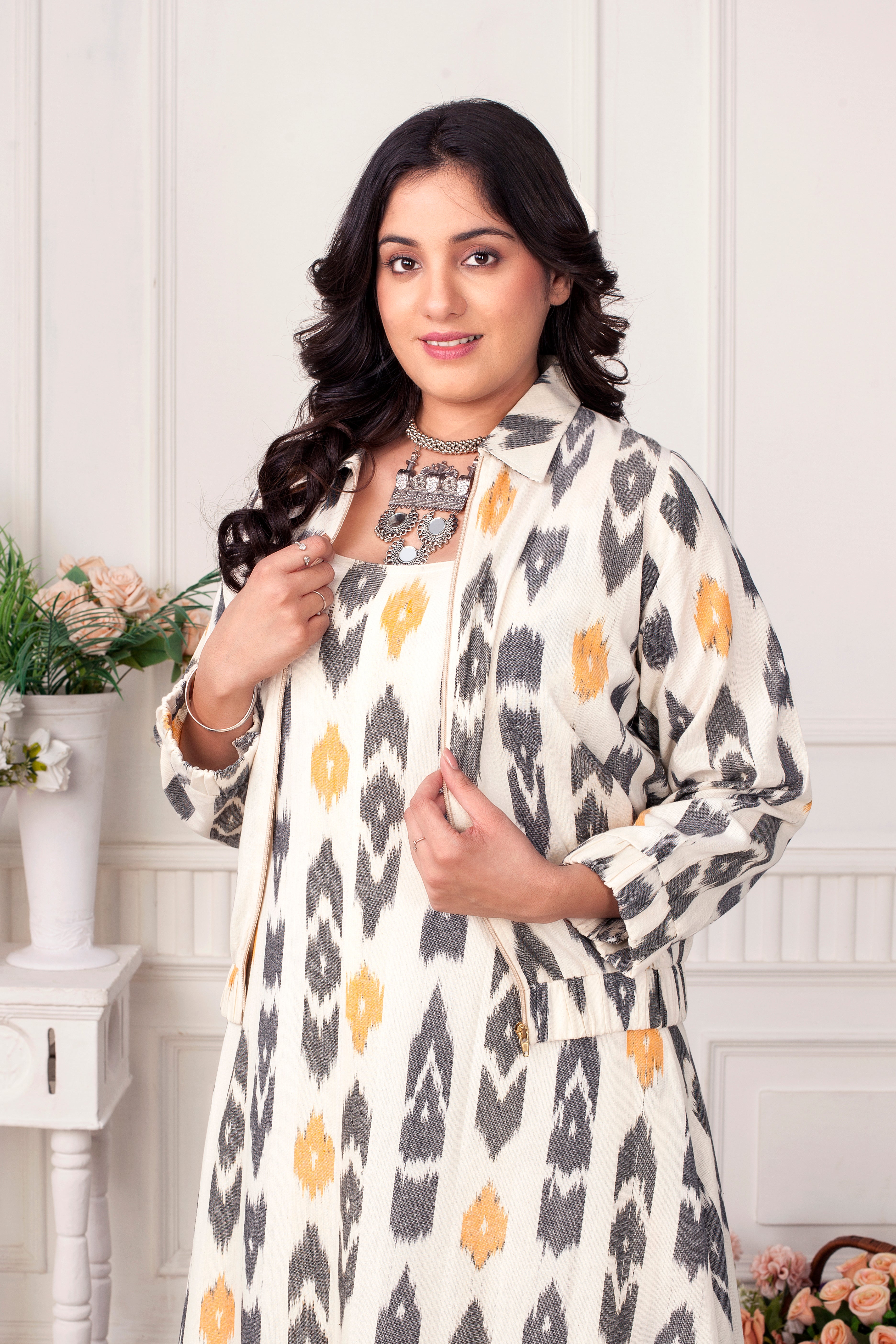 DAFFODIL ZIPPER IKAT HANDLOOM JACKET DRESS