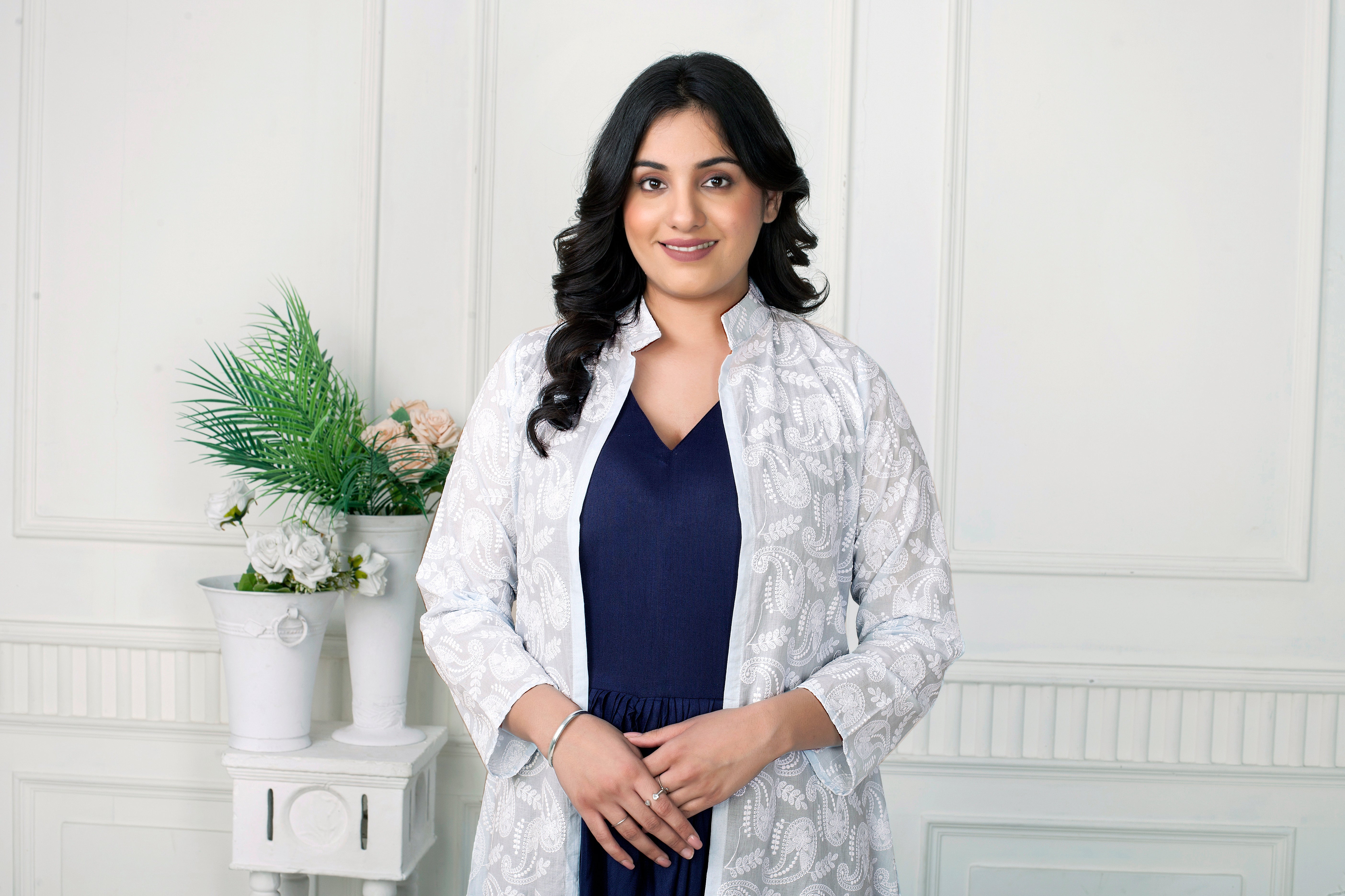 NAVY BLUE DRAPED DRESS WITH CHICKENKARI JACKET