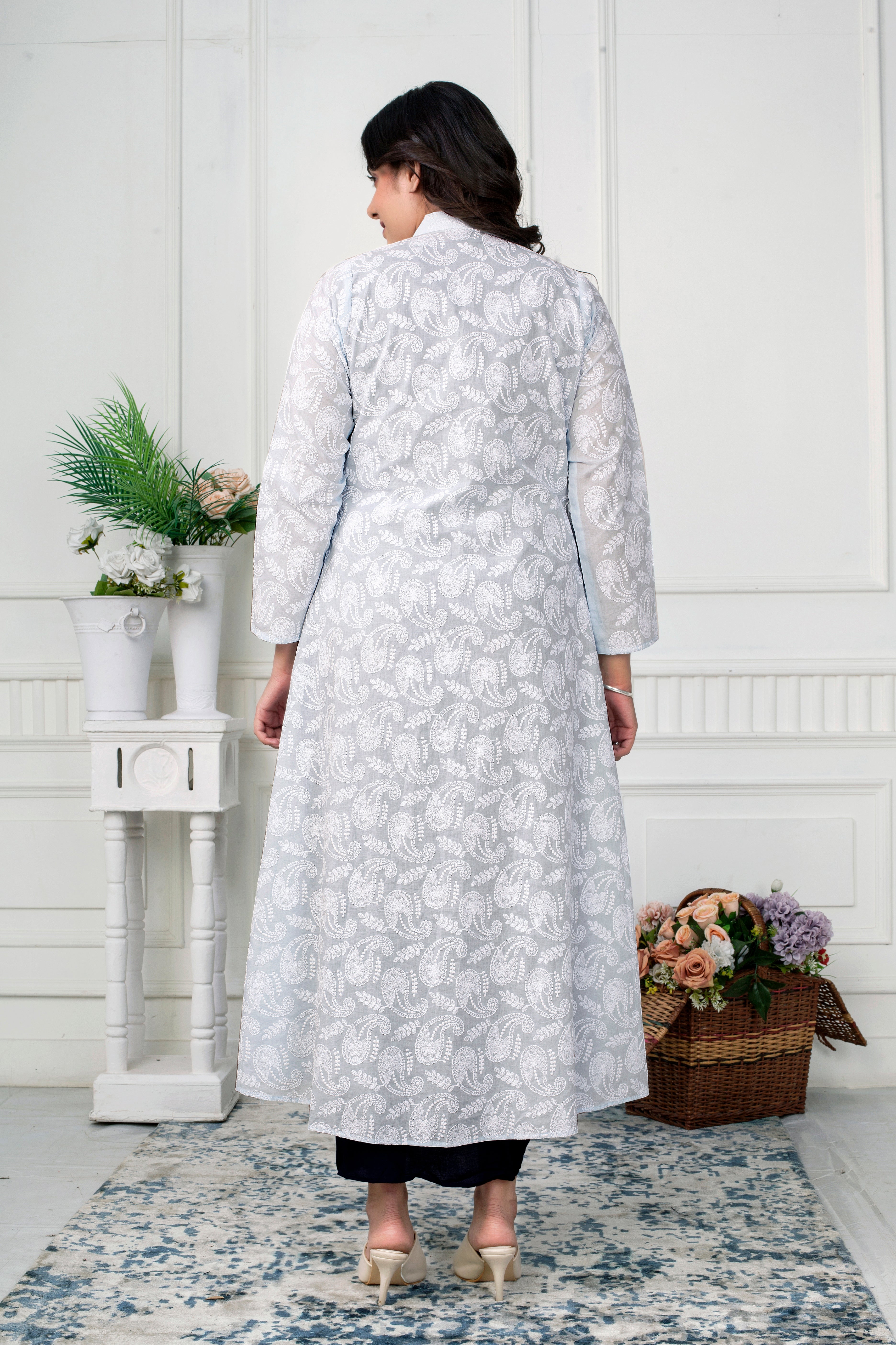 NAVY BLUE DRAPED DRESS WITH CHICKENKARI JACKET