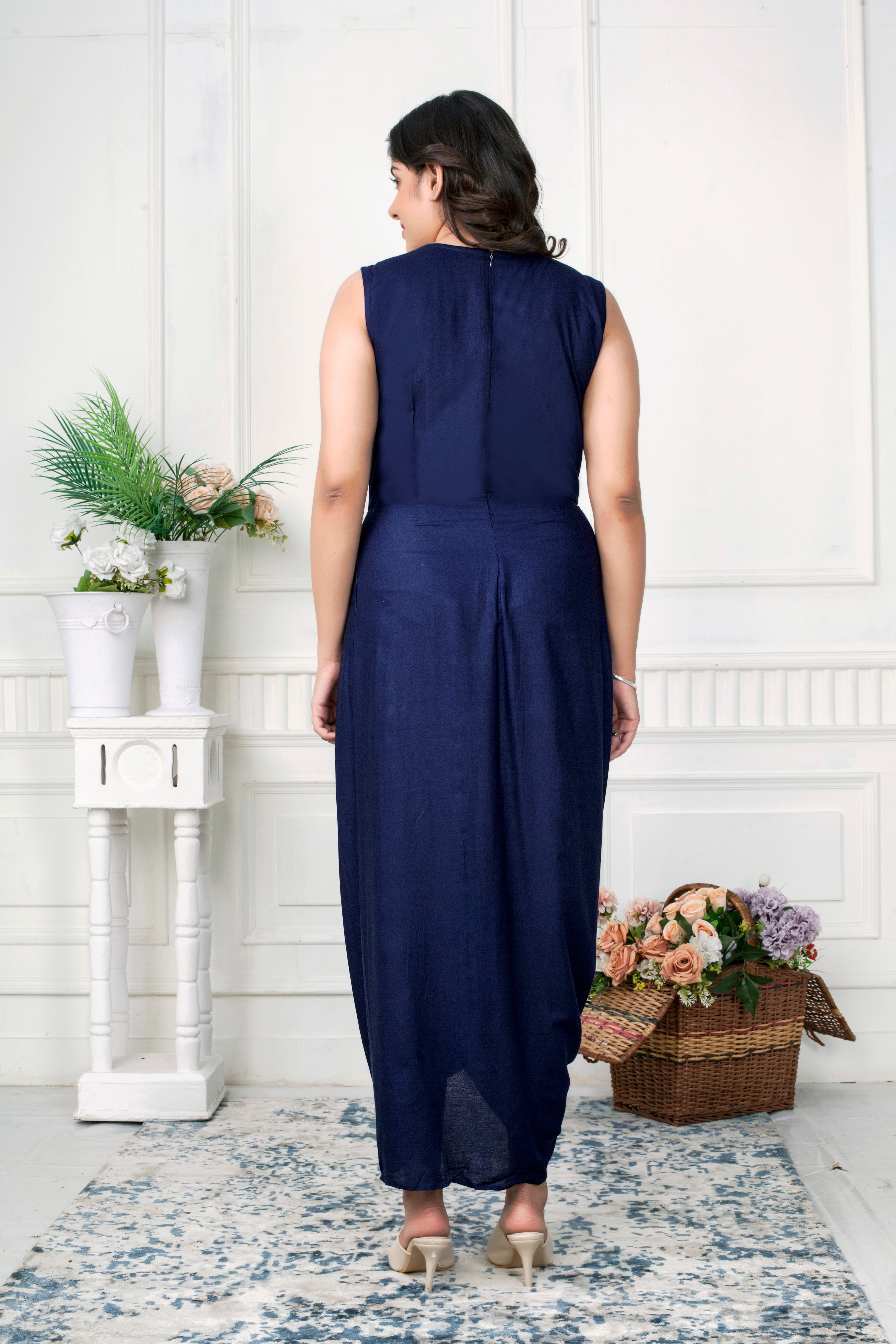 NAVY BLUE DRAPED DRESS WITH CHICKENKARI JACKET