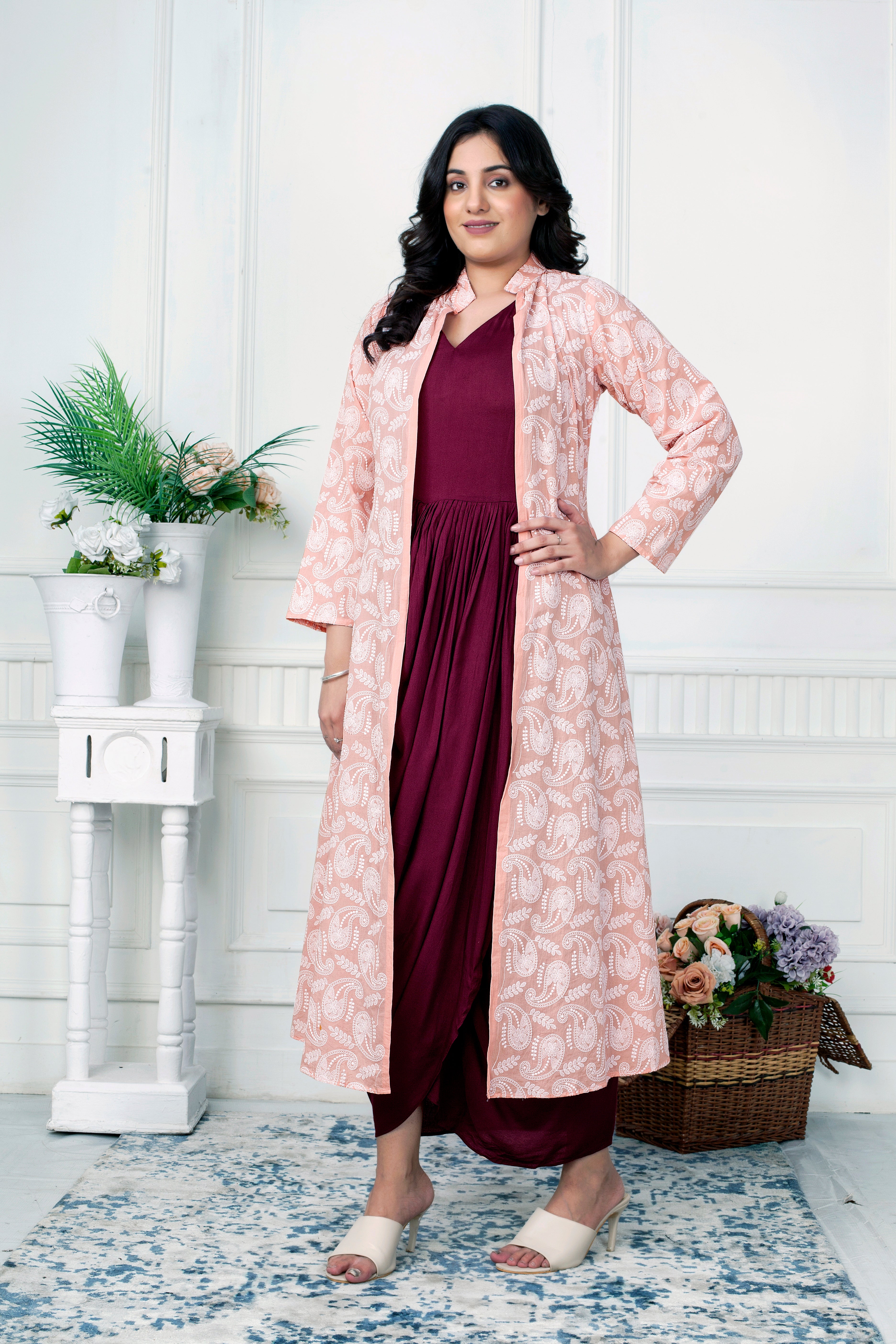 WINE ELEGANCE COWL DRESS WITH BLUSH CHIKANKARI JACKET