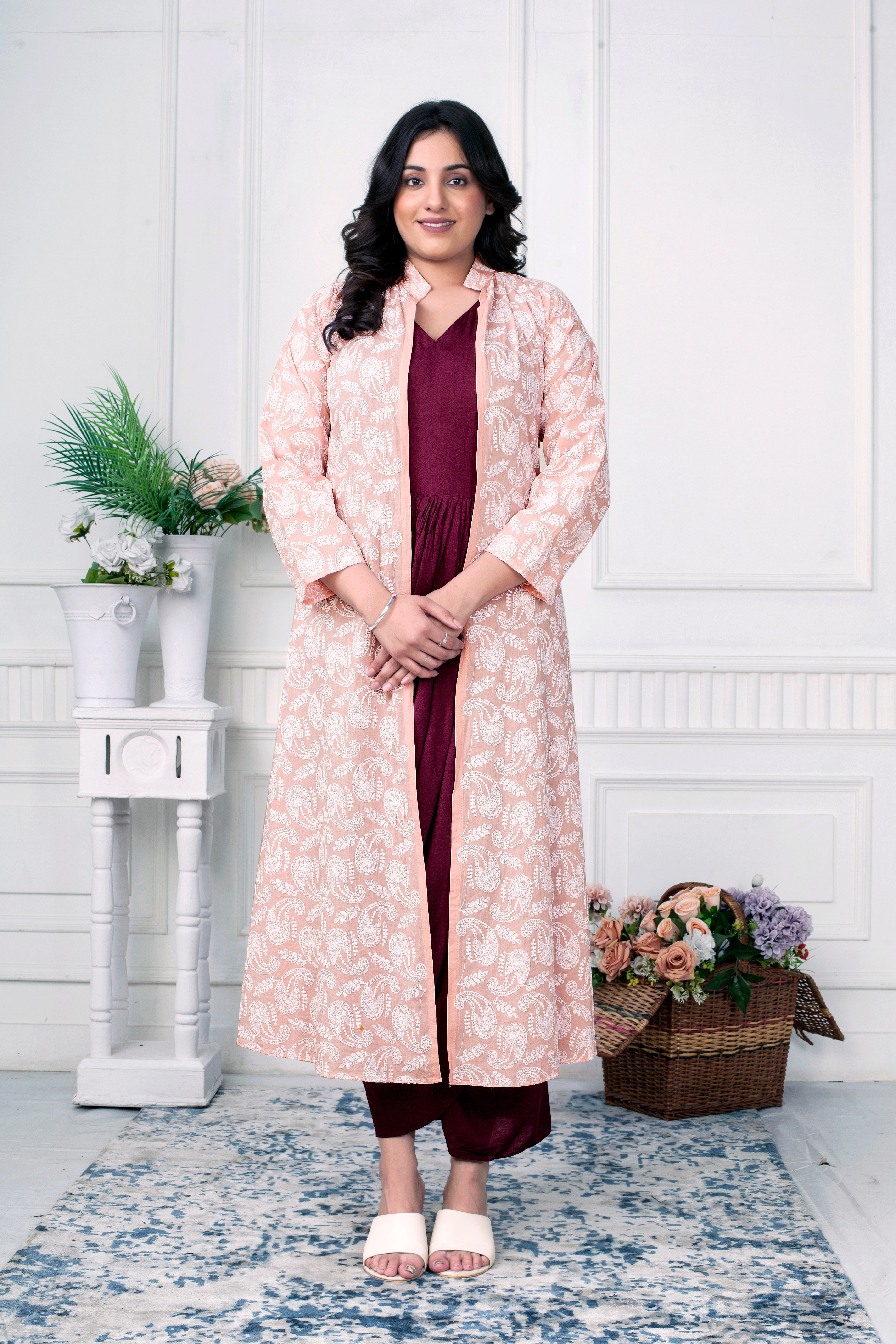 WINE ELEGANCE COWL DRESS WITH BLUSH CHIKANKARI JACKET