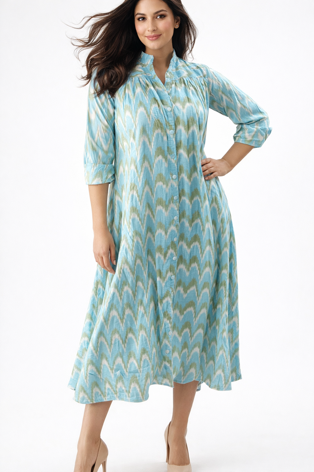 AQUA BLUE IKAT HANDLOOM GATHERED SHIRT DRESS