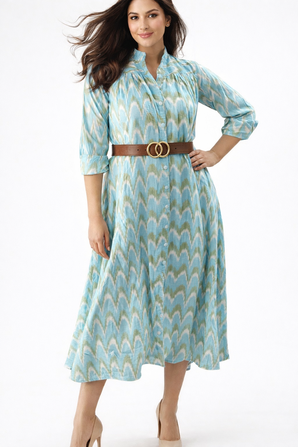 AQUA BLUE IKAT HANDLOOM GATHERED SHIRT DRESS