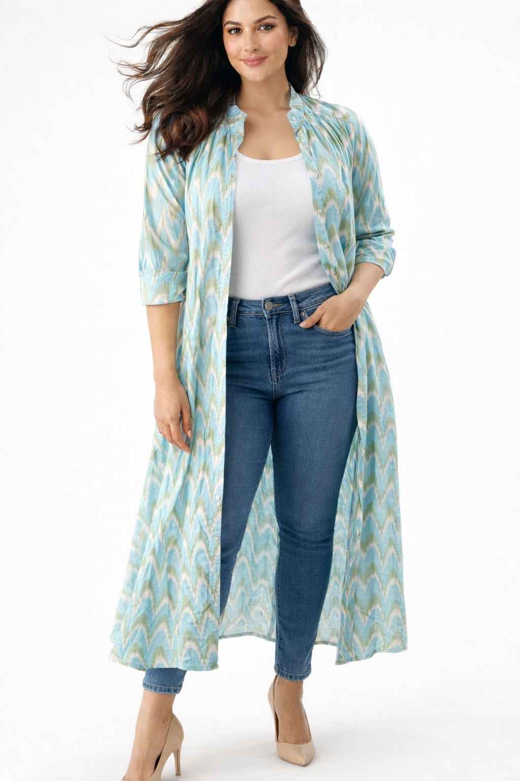 AQUA BLUE IKAT HANDLOOM GATHERED SHIRT DRESS