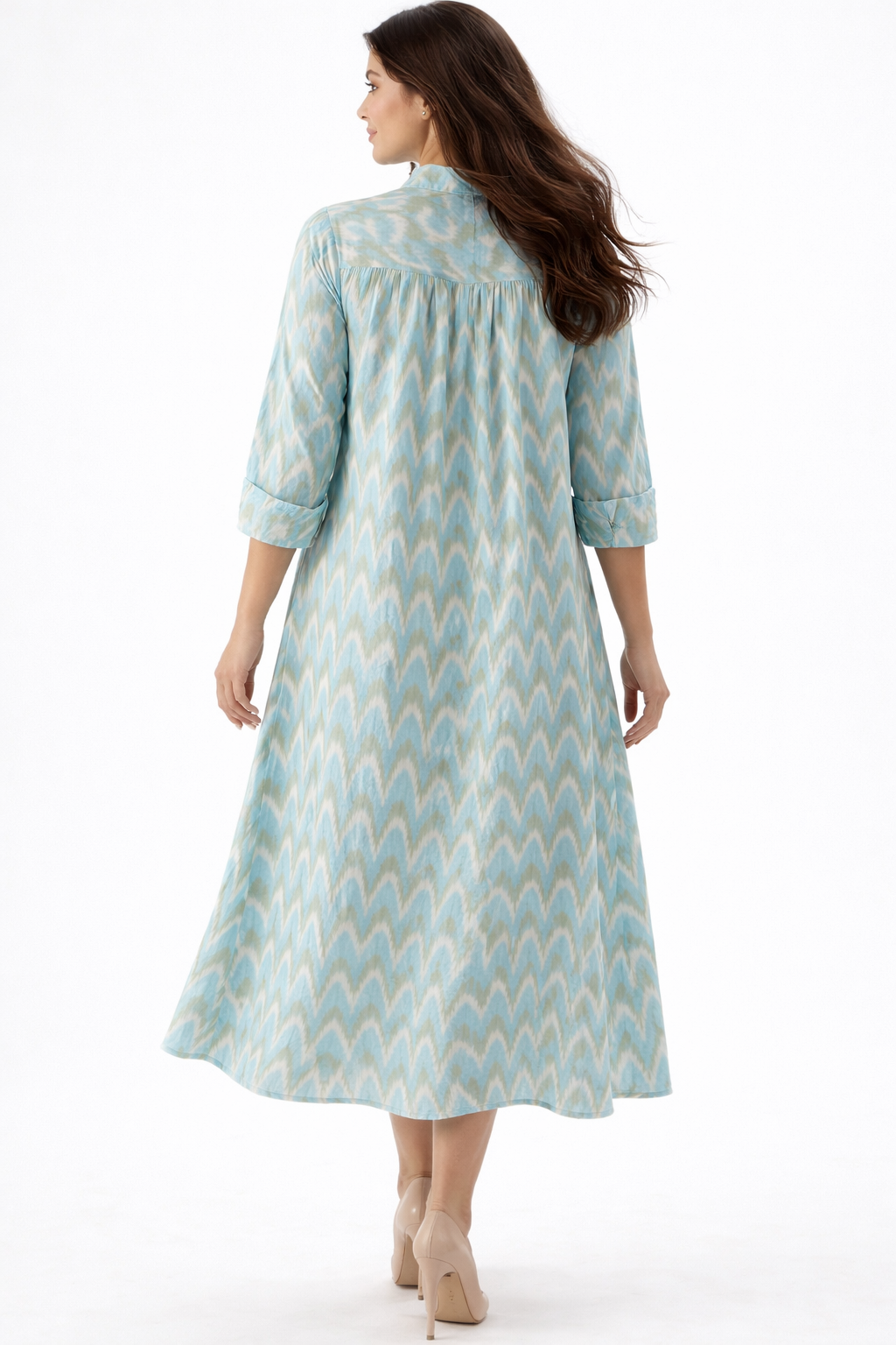 AQUA BLUE IKAT HANDLOOM GATHERED SHIRT DRESS