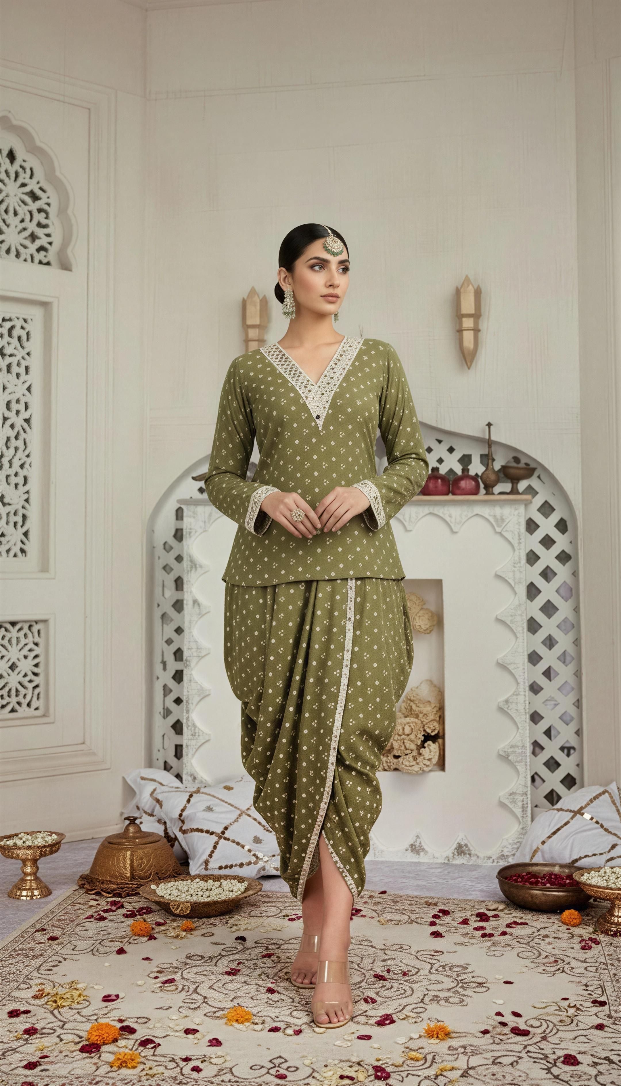 OLIVE GREEN MIRROR-WORK DHOTI SET WITH PRINTED V-NECK TOP