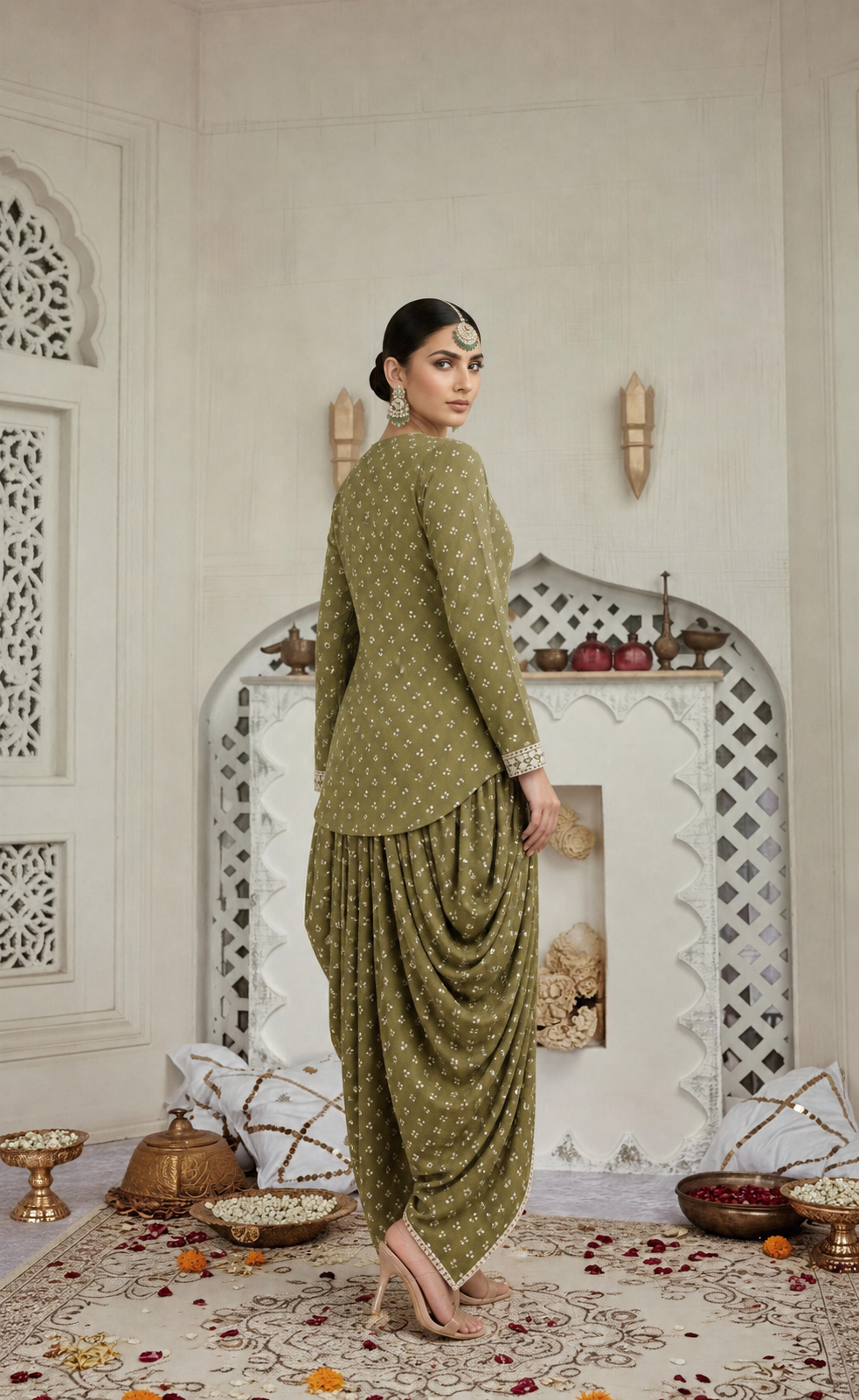 OLIVE GREEN MIRROR-WORK DHOTI SET WITH PRINTED V-NECK TOP