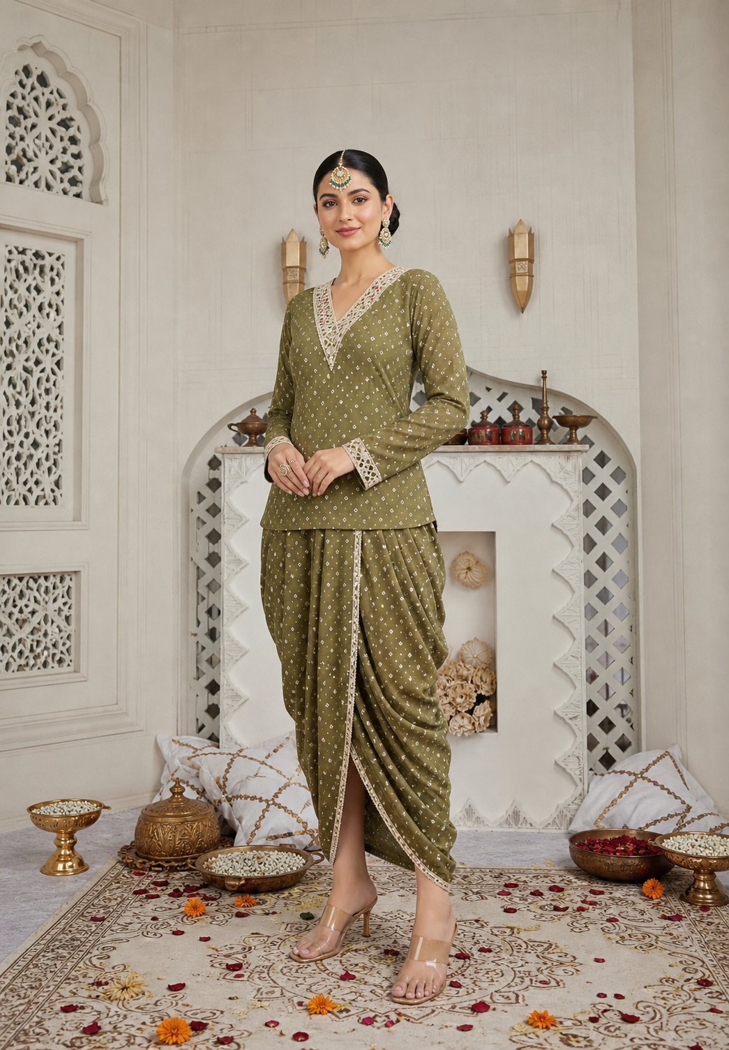 OLIVE GREEN MIRROR-WORK DHOTI SET WITH PRINTED V-NECK TOP