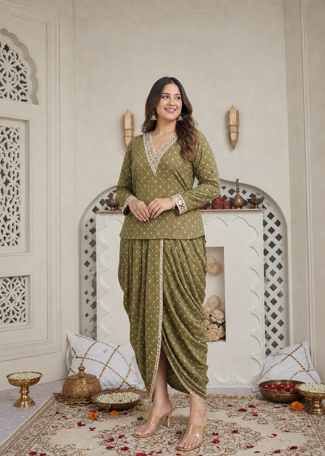 OLIVE GREEN MIRROR-WORK DHOTI SET WITH PRINTED V-NECK TOP