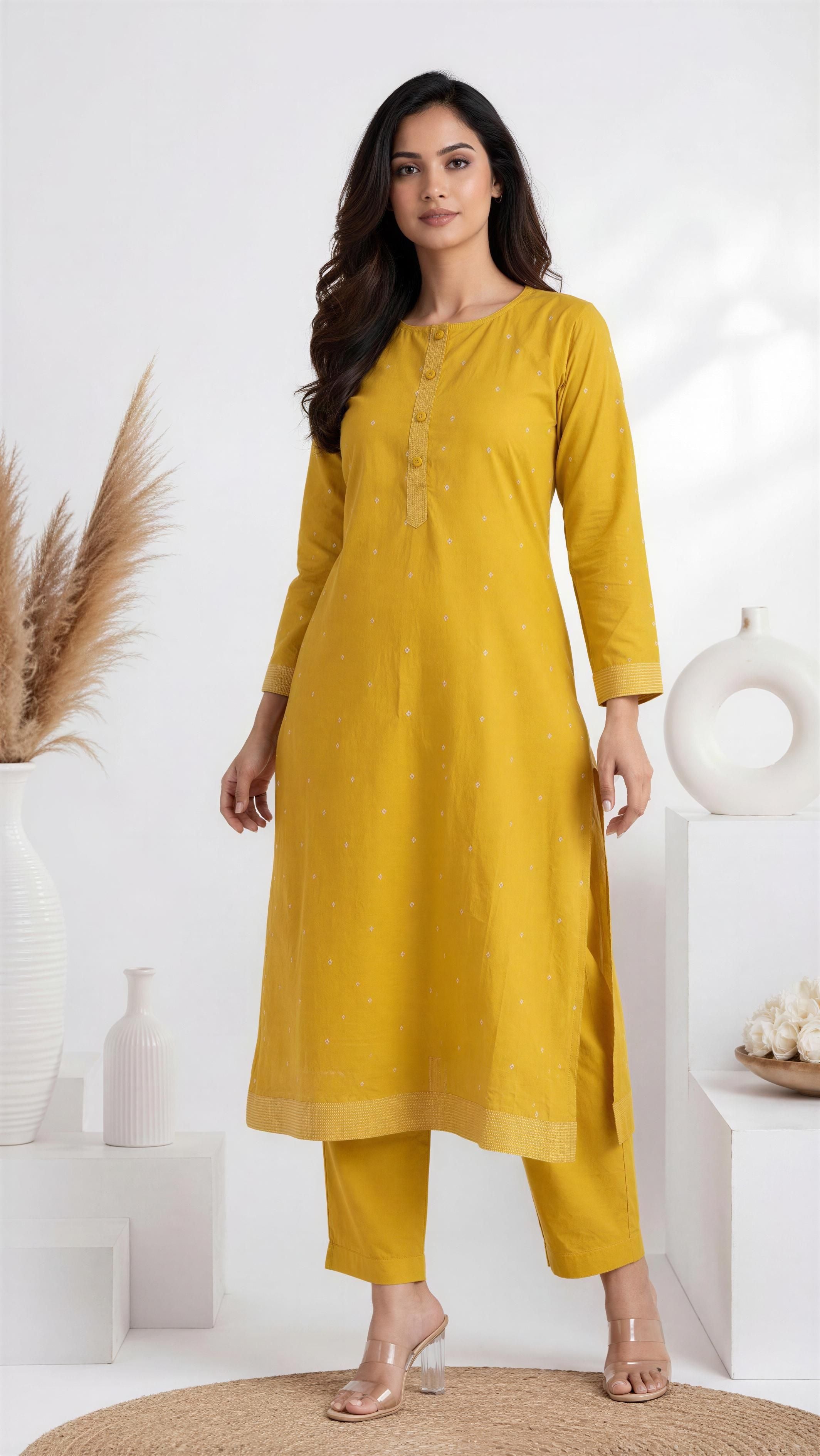 MUSTARD COTTON KURTA PANT SET