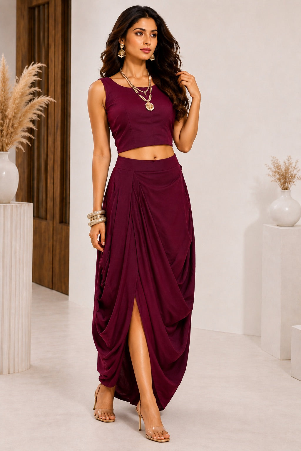 WINE PRINTED 3-PIECE DRAPE COORD SET