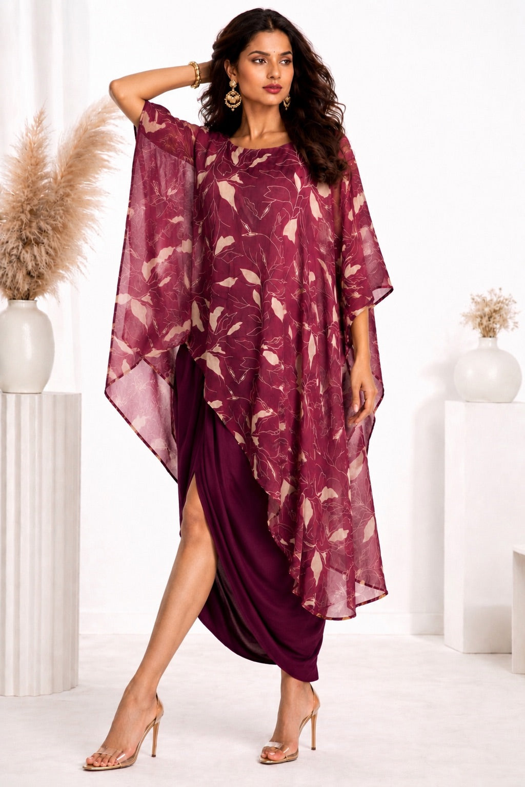 WINE PRINTED 3-PIECE DRAPE COORD SET