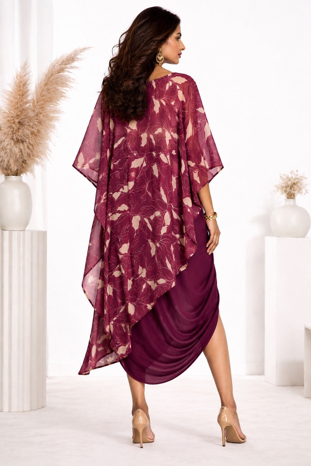 WINE PRINTED 3-PIECE DRAPE COORD SET
