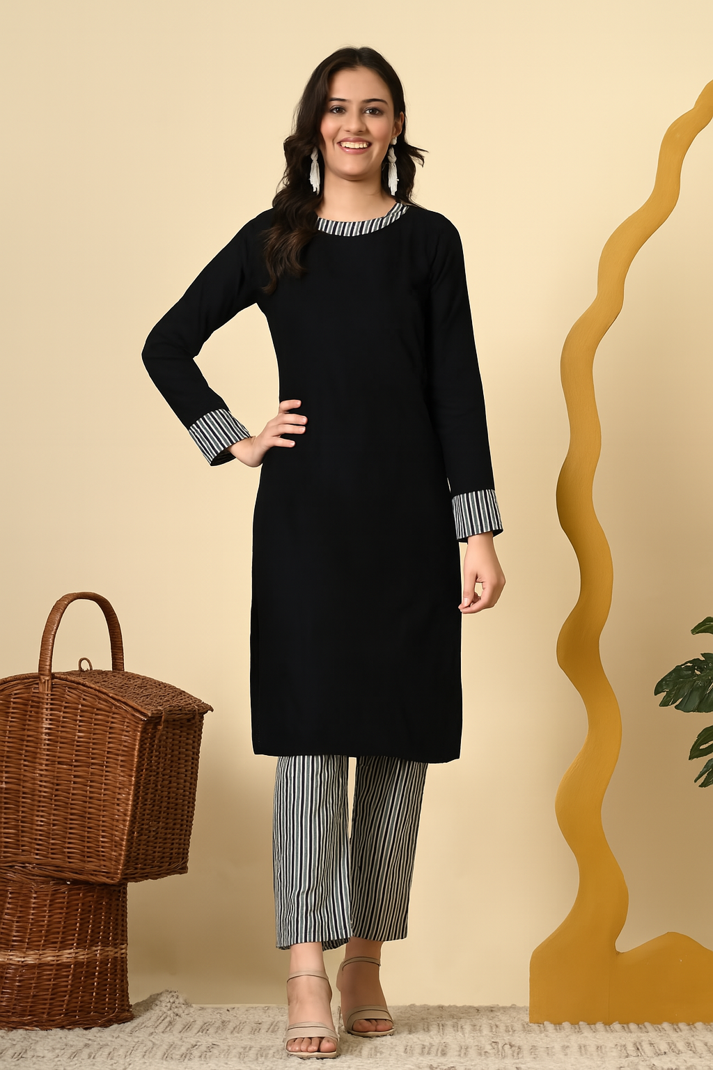 BLACK KURTA WITH STRIPED PANTS