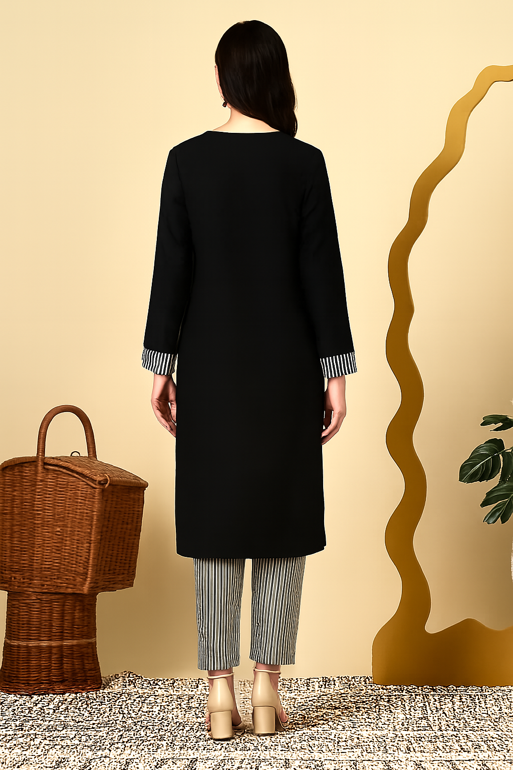 BLACK KURTA WITH STRIPED PANTS