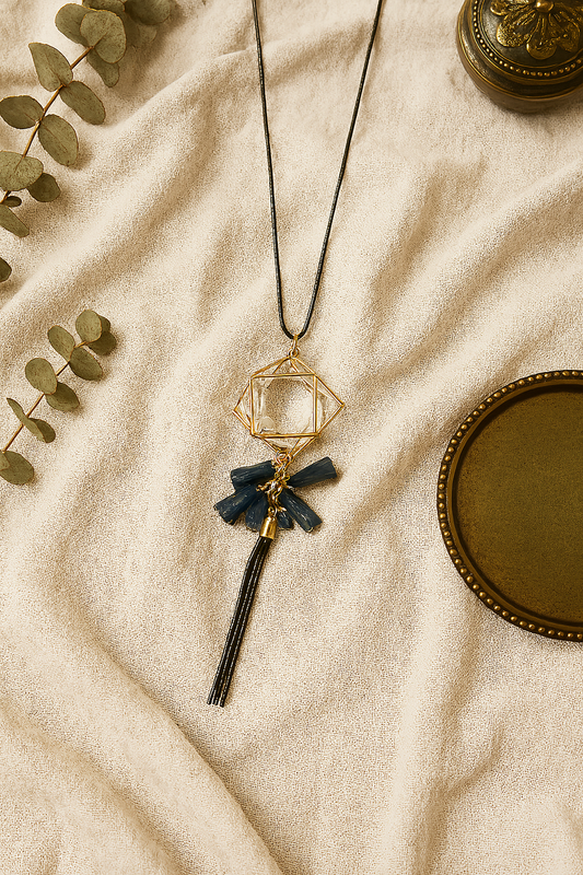 Geometric Crystal Pendant Necklace with Blue Tassels