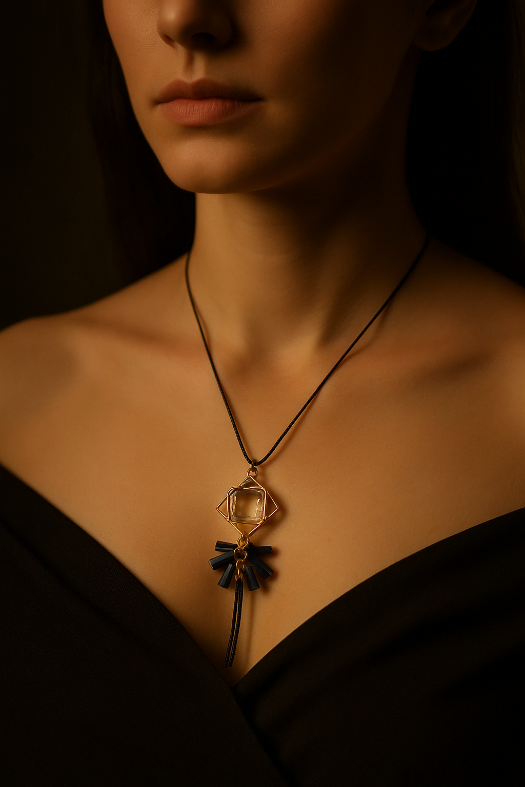 Geometric Crystal Pendant Necklace with Blue Tassels